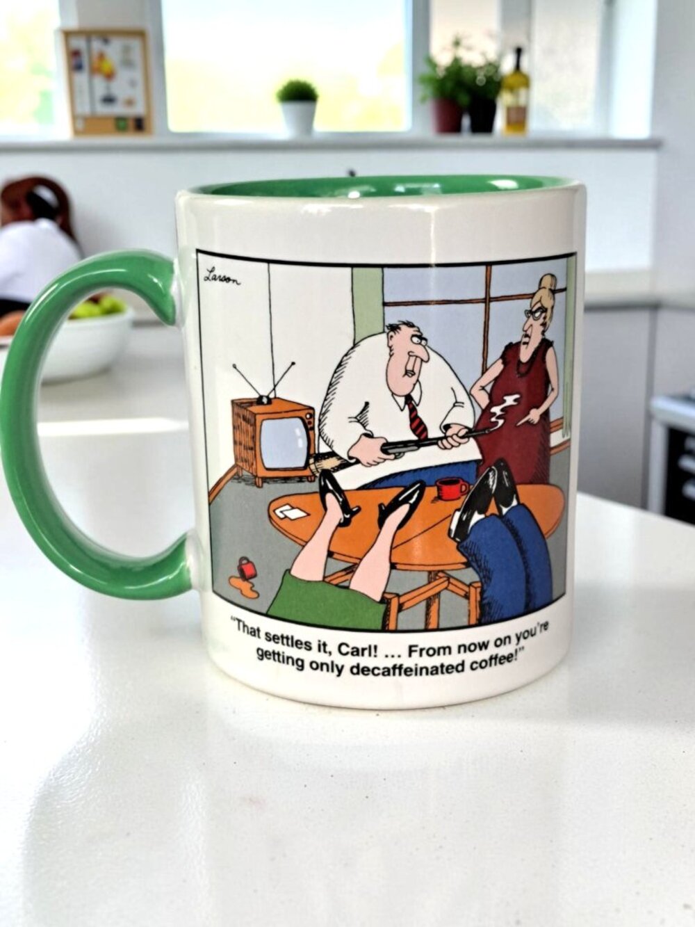 The Far Side Coffee Mug That Settles it Carl Decaf Coffee Gary Larson Vtg 1980